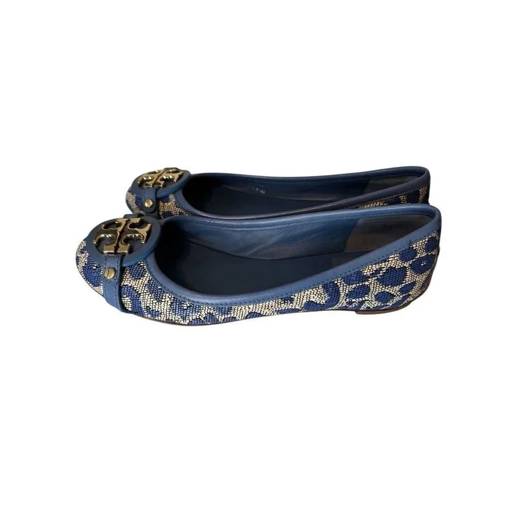 TORY BURCH AADEN Ballet Flat Leopard Raffia Leather Gold Logo Women's US 6.5